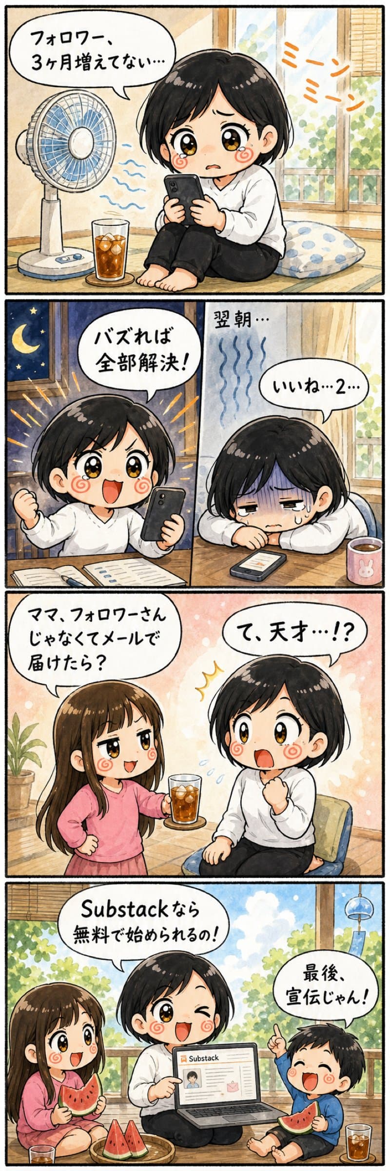4コマ漫画:フォロワー数に悩んでいたこんともが、娘のひとことでメールリストと出会い、Substackを始めるまで