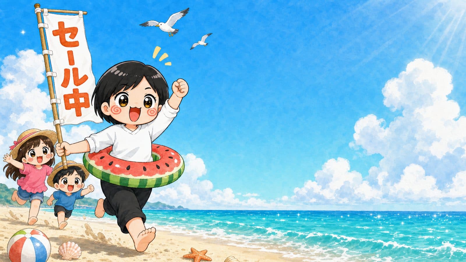 浮き輪をつけたこんともが「セール中」ののぼりを持って夏のビーチを走っているイラスト