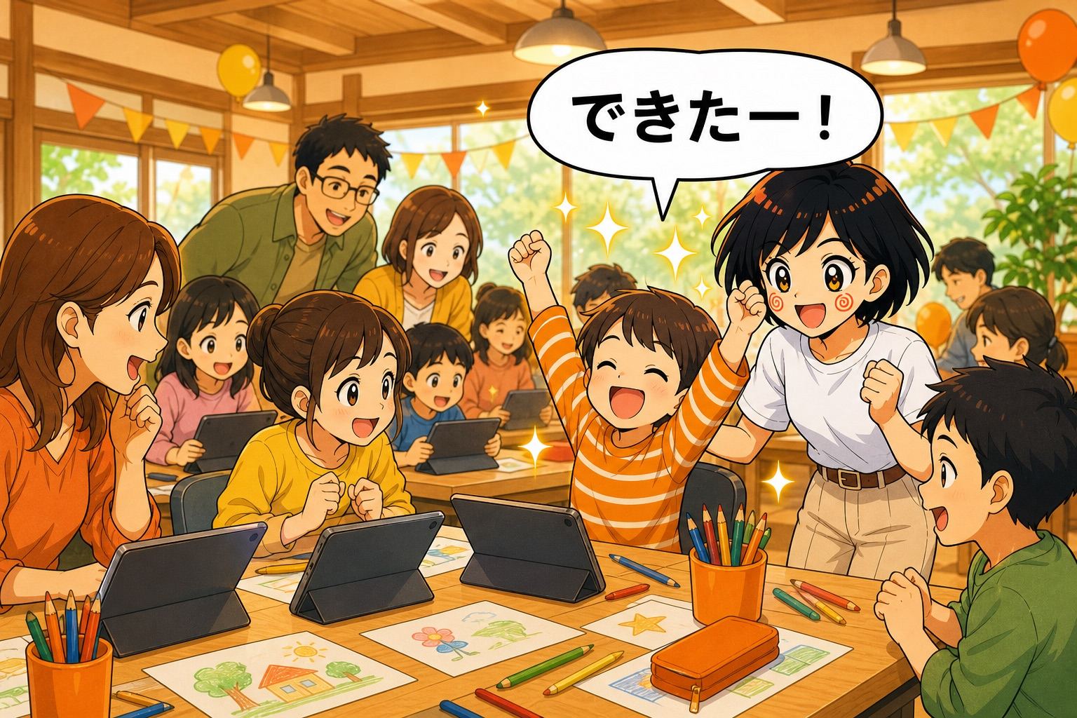 親子AIワークショップで「できたー!」と盛り上がる子どもたちとこんとものイラスト